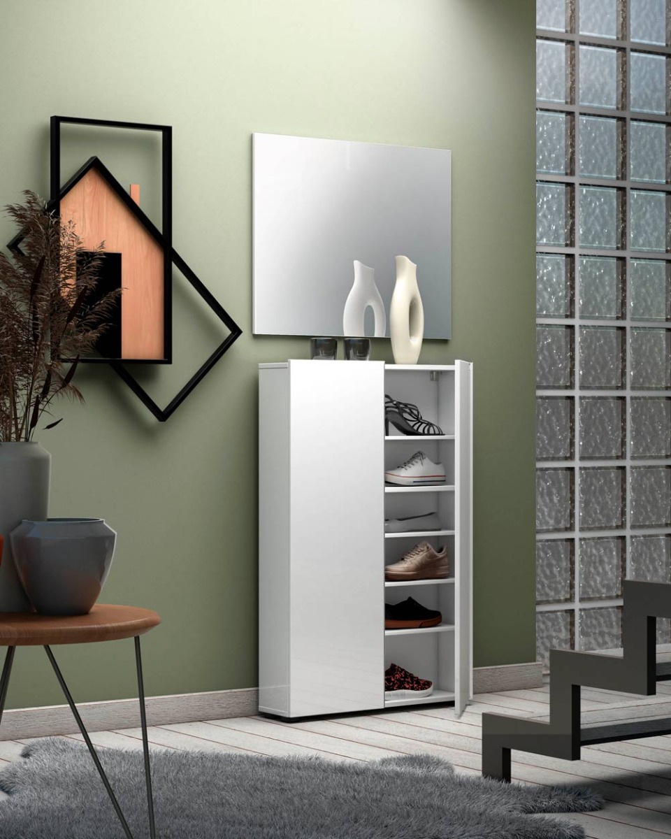 Scarpiera / madia salvaspazio 2 ante, finitura Bianca Lucida 