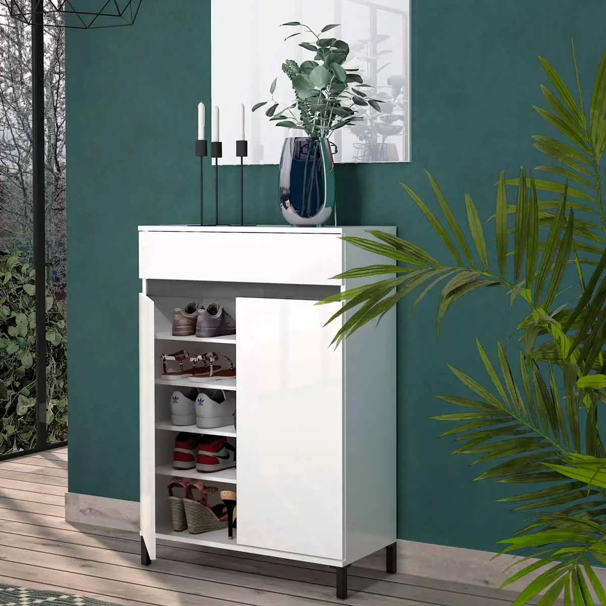 Scarpiera 2 ante e 1 cassetto, Bianco lucido 