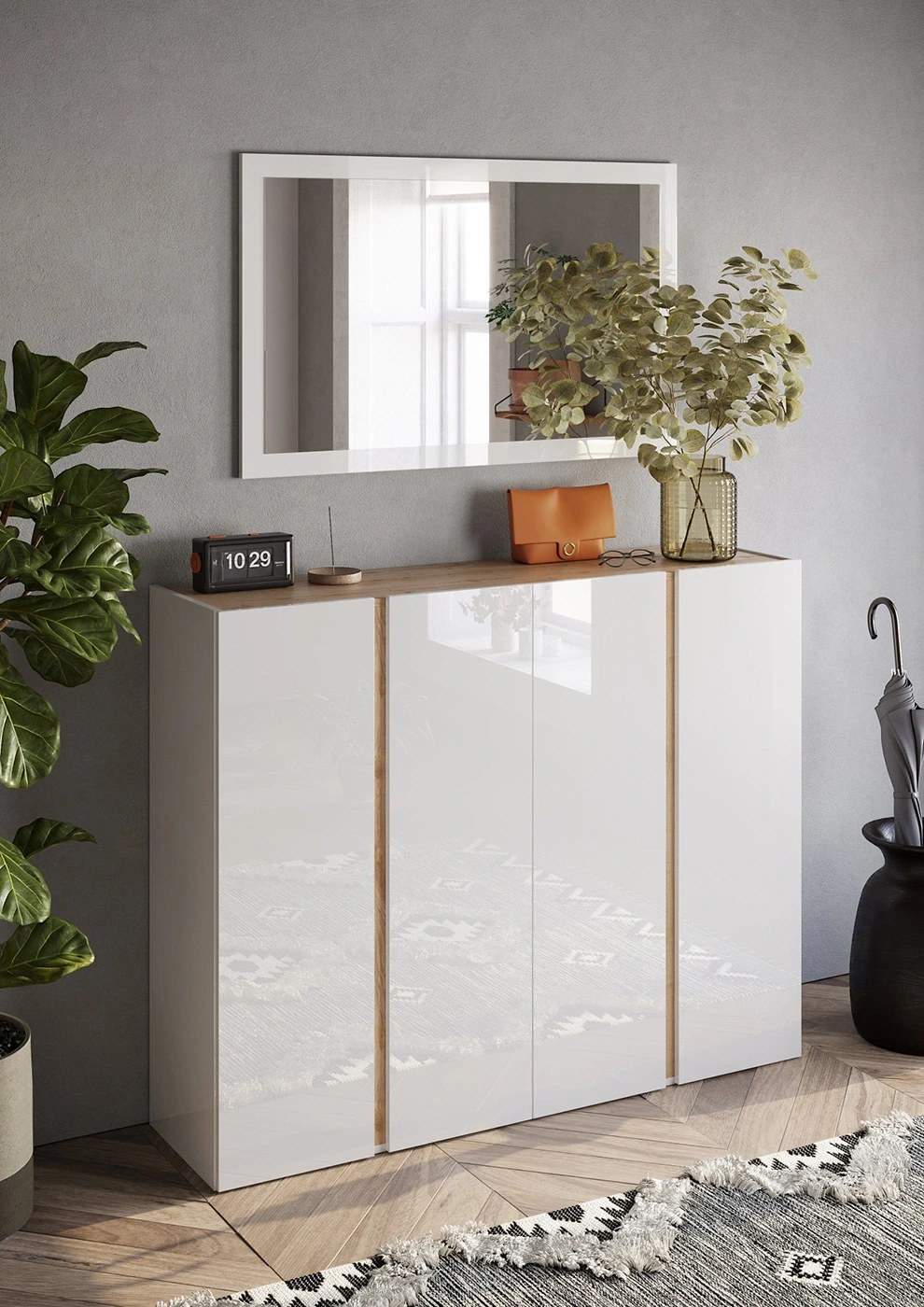 Capiente Scarpiera 4 ante con 20 ripiani interni, Bianco lucido e Cadiz