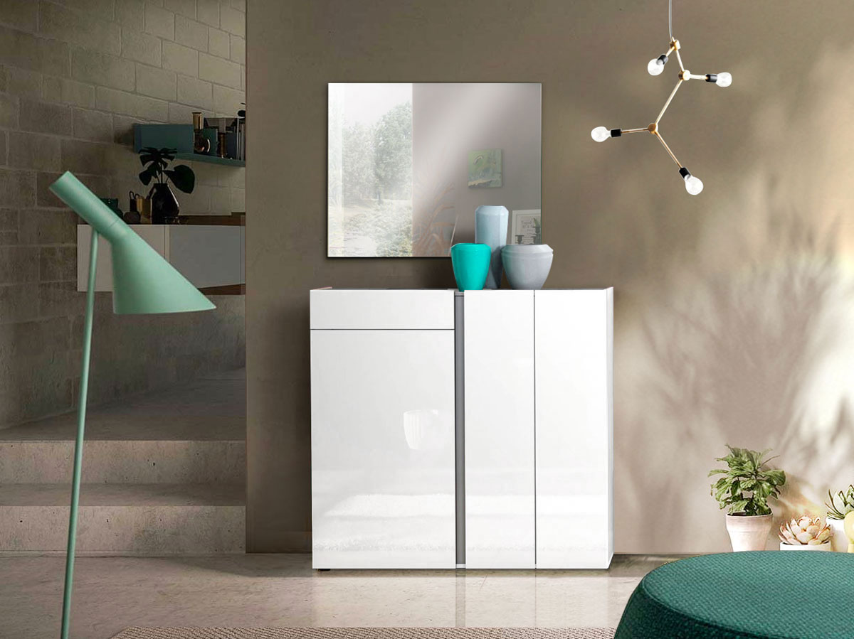 Scarpiera moderna bianca lucida, 3 ante 1 cassetto, prof. 34 cm.