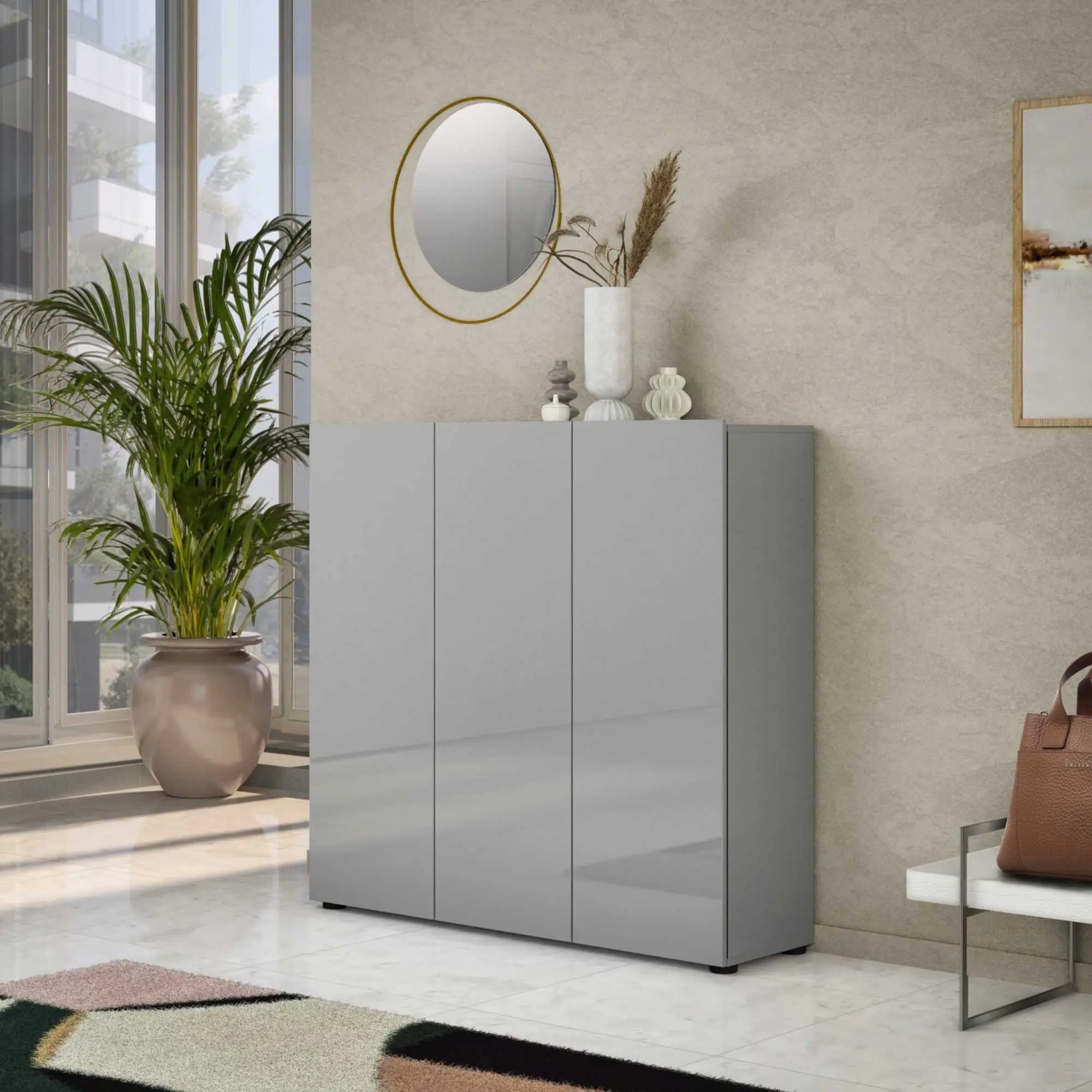 Scarpiera moderna a 3 ante finitura Grigio Lucido, Made in Italy