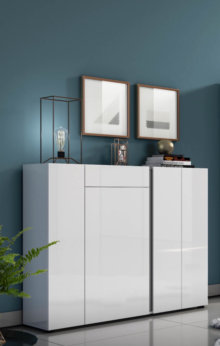 Scarpiera moderna bianca lucida, 4 ante 1 cassetto, prof. 34 cm.