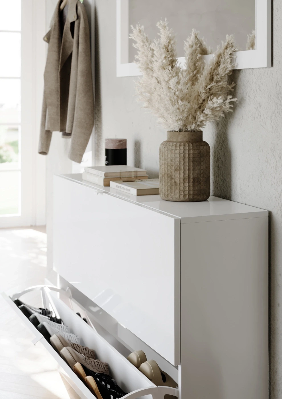 Scarpiera sospesa 2 ribalte, 110x75x25 h cm, Bianco lucido 