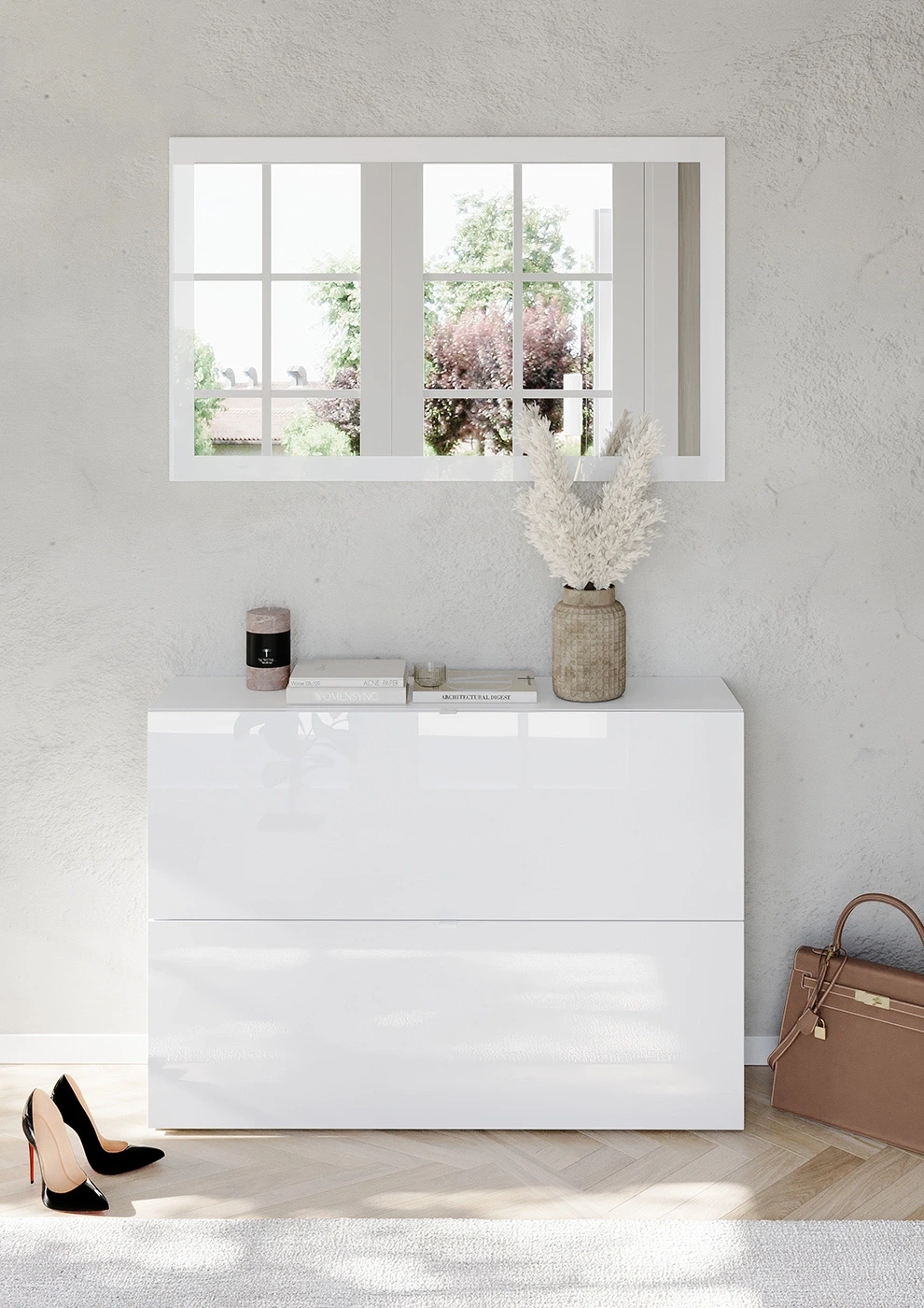 Scarpiera sospesa 2 ribalte, 110x75x25 h cm, Bianco lucido 