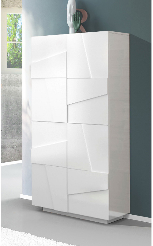Scarpiera a 4 ante con disegni geometrici in finitura Bianco lucido