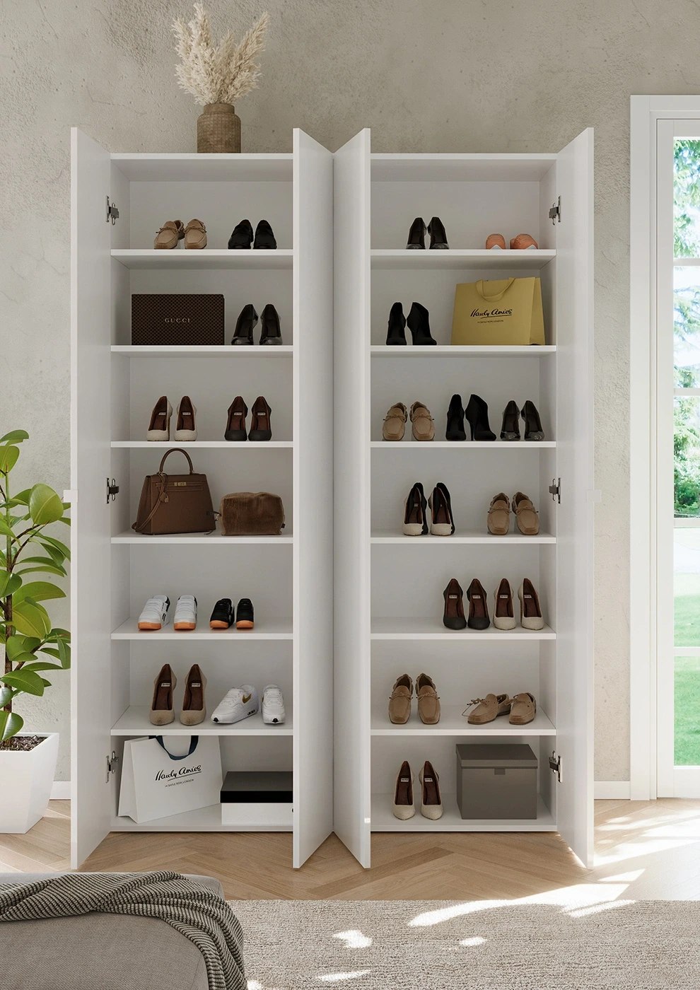 Scarpiera alta 4 ante, 126x186x35 h cm, Bianco lucido