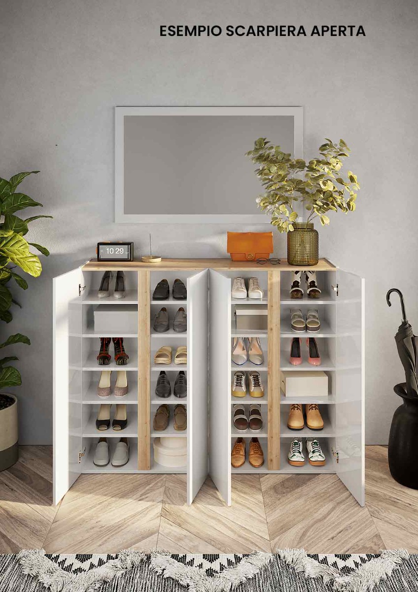 Capiente Scarpiera 4 ante con 20 ripiani interni, Bianco lucido e Cadiz