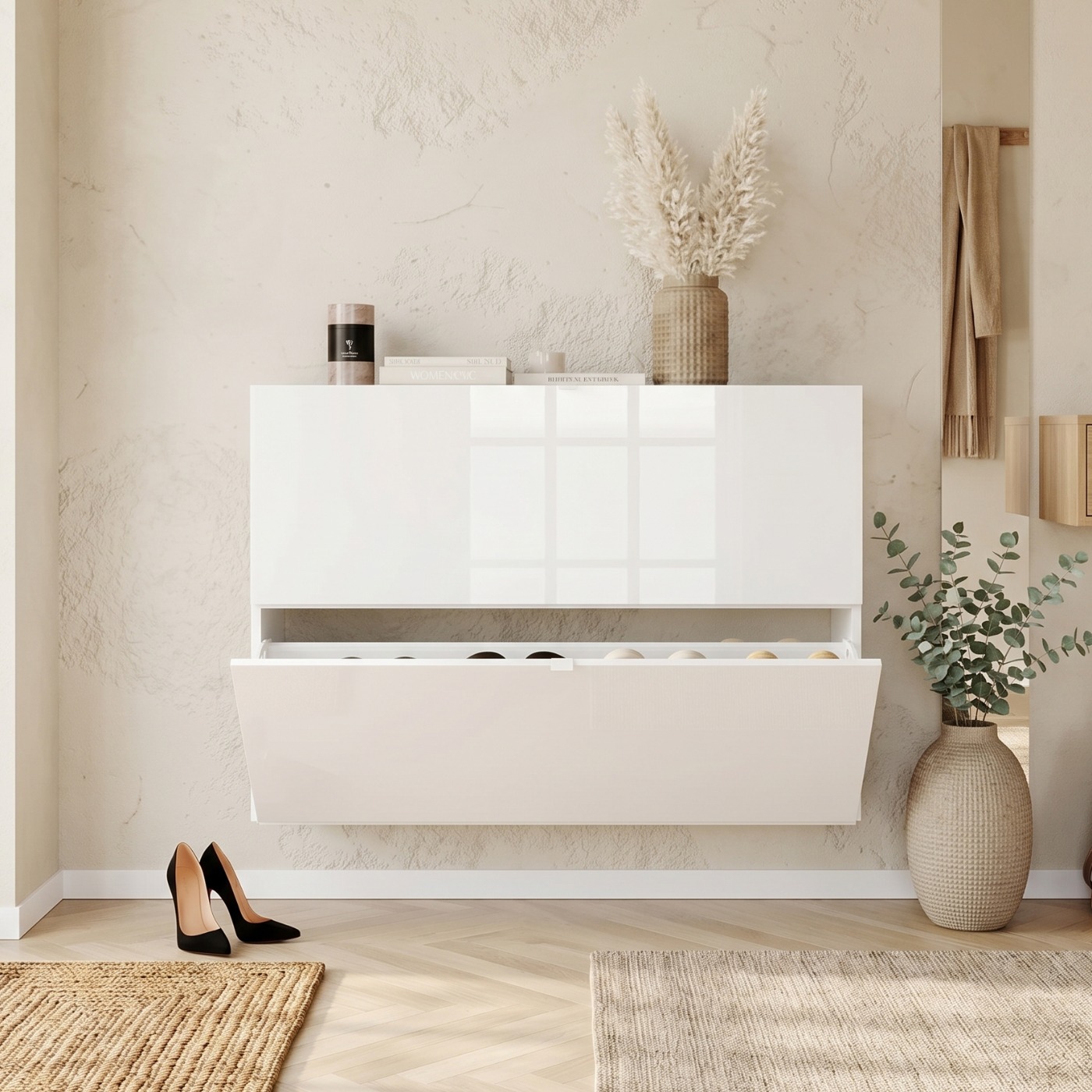 Scarpiera sospesa 2 ribalte, 110x75x25 h cm, Bianco lucido 