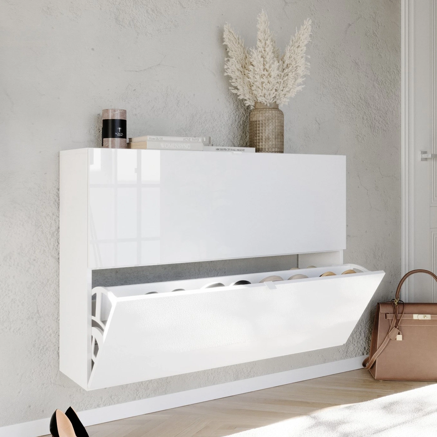 Scarpiera sospesa 2 ribalte, 110x75x25 h cm, Bianco lucido 