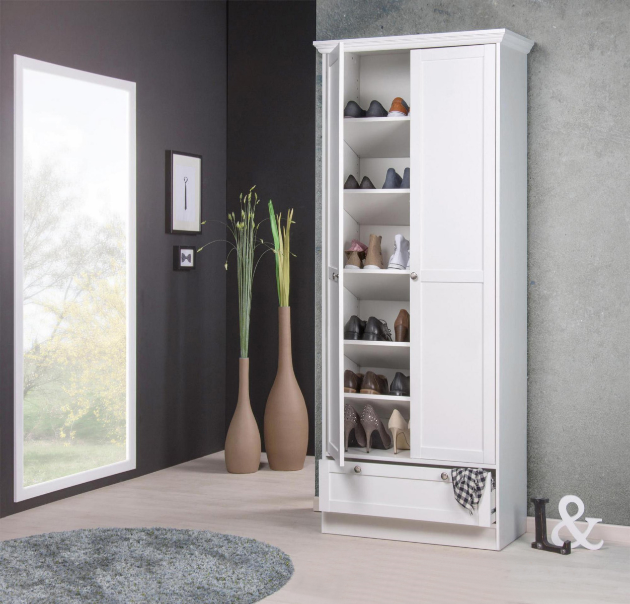 Scarpiera da ingresso con 2 ante battenti e cassetto, finitura bianca opaca