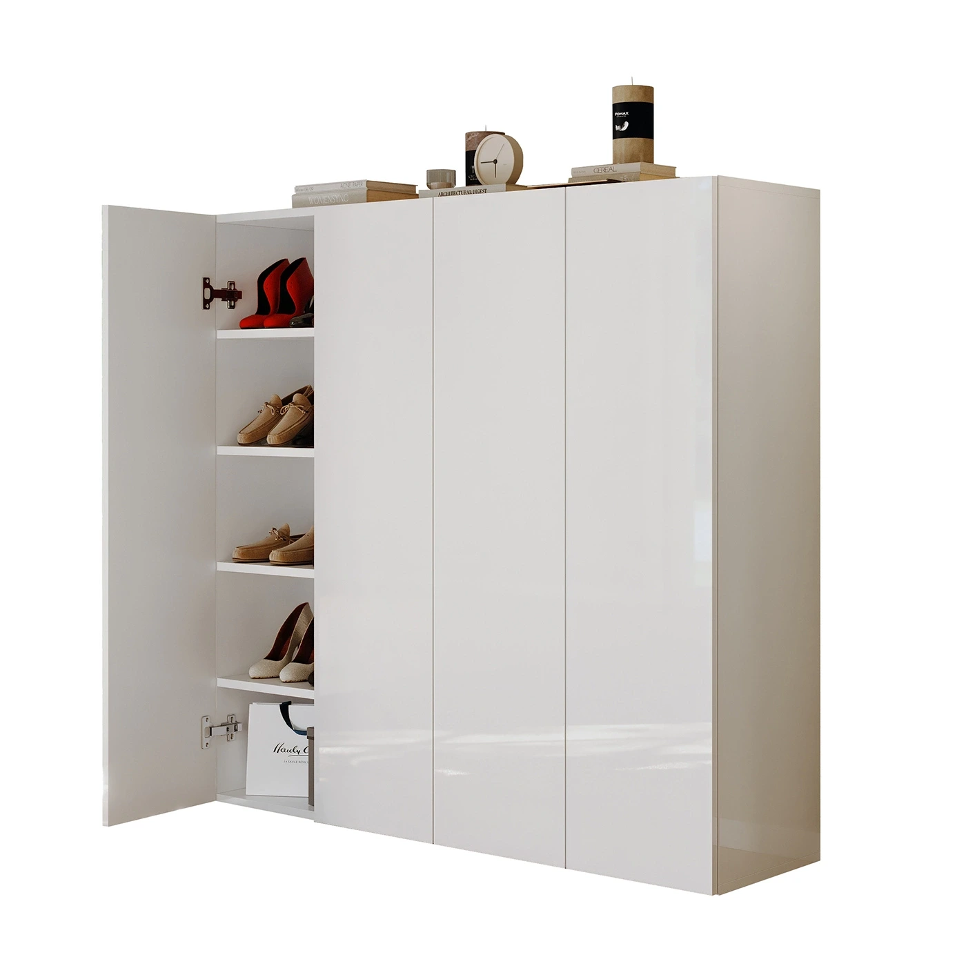 Scarpiera bassa 4 ante, 126x116x35 h cm, Bianco lucido