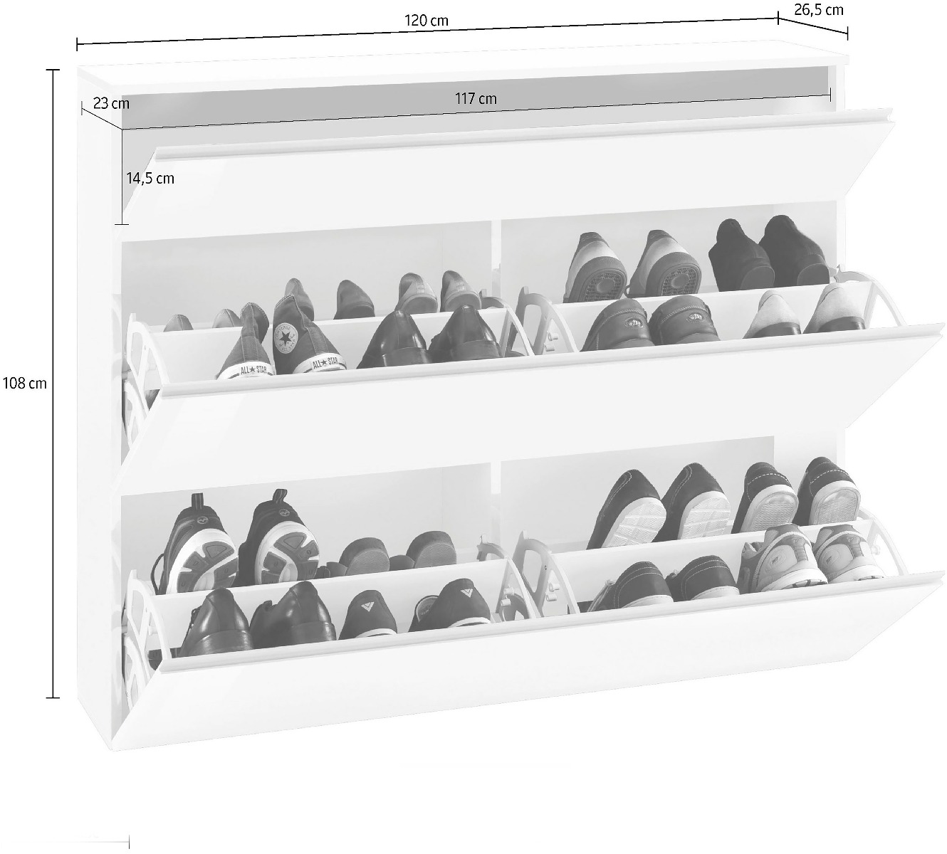 Scarpiera 3 ribalte doppia profondità L.120, finitura Antracite laccato lucido
