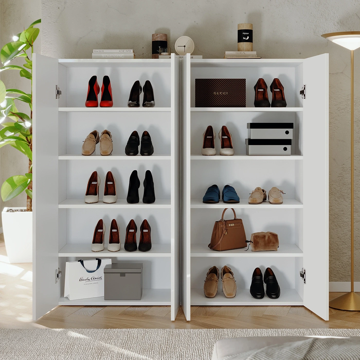 Scarpiera bassa 4 ante, 126x116x35 h cm, Bianco lucido