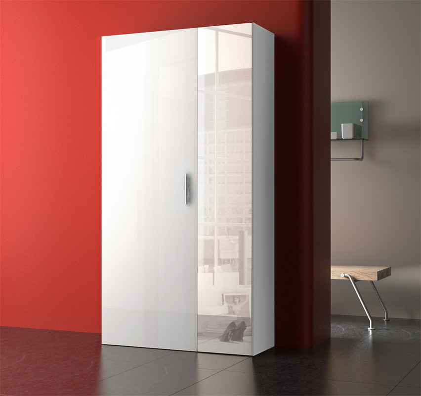 Promozione scarpiera 2 ante con specchio, altezza 190, Bianco lucido 