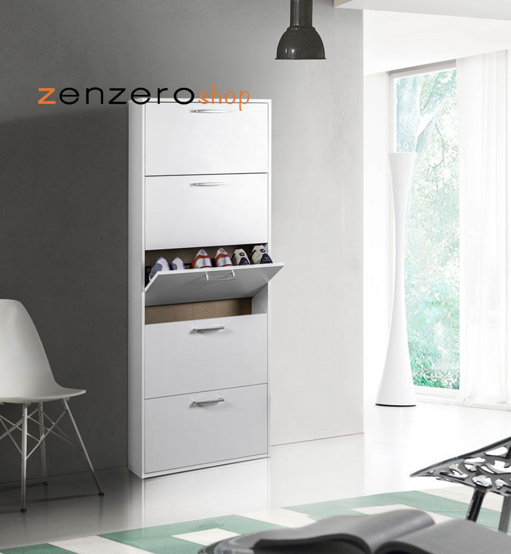 Conveniente Scarpiera salvaspazio, colore bianco, 5 ante a ribalta, made in Italy
