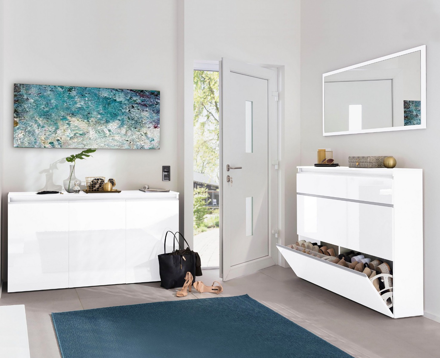 Scarpiera 3 ribalte doppia profondità L.120, finitura Bianco laccato lucido