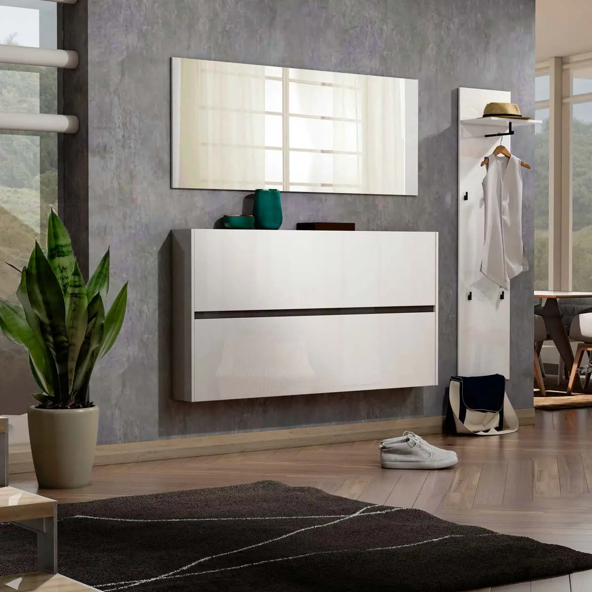 Scarpiera moderna sospesa, Bianco lucido con inserto 