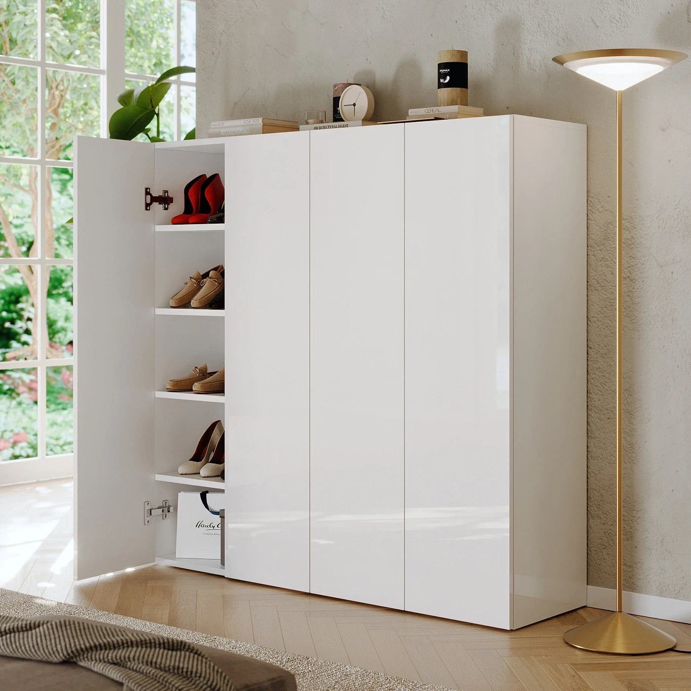 Scarpiera bassa 4 ante, 126x116x35 h cm, Bianco lucido