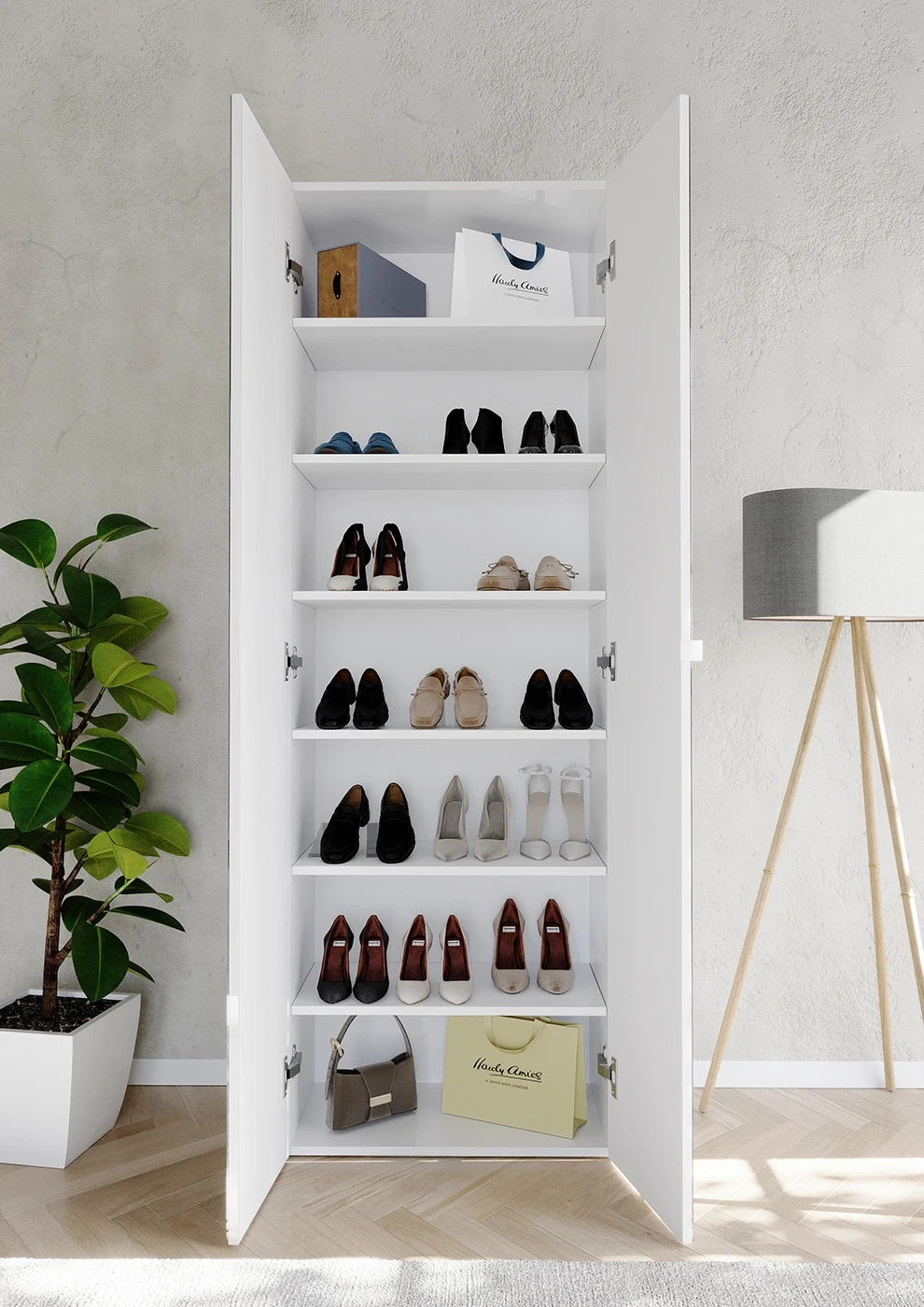 Scarpiera con 2 ante a specchio, 63x186x35 h cm, Bianco lucido