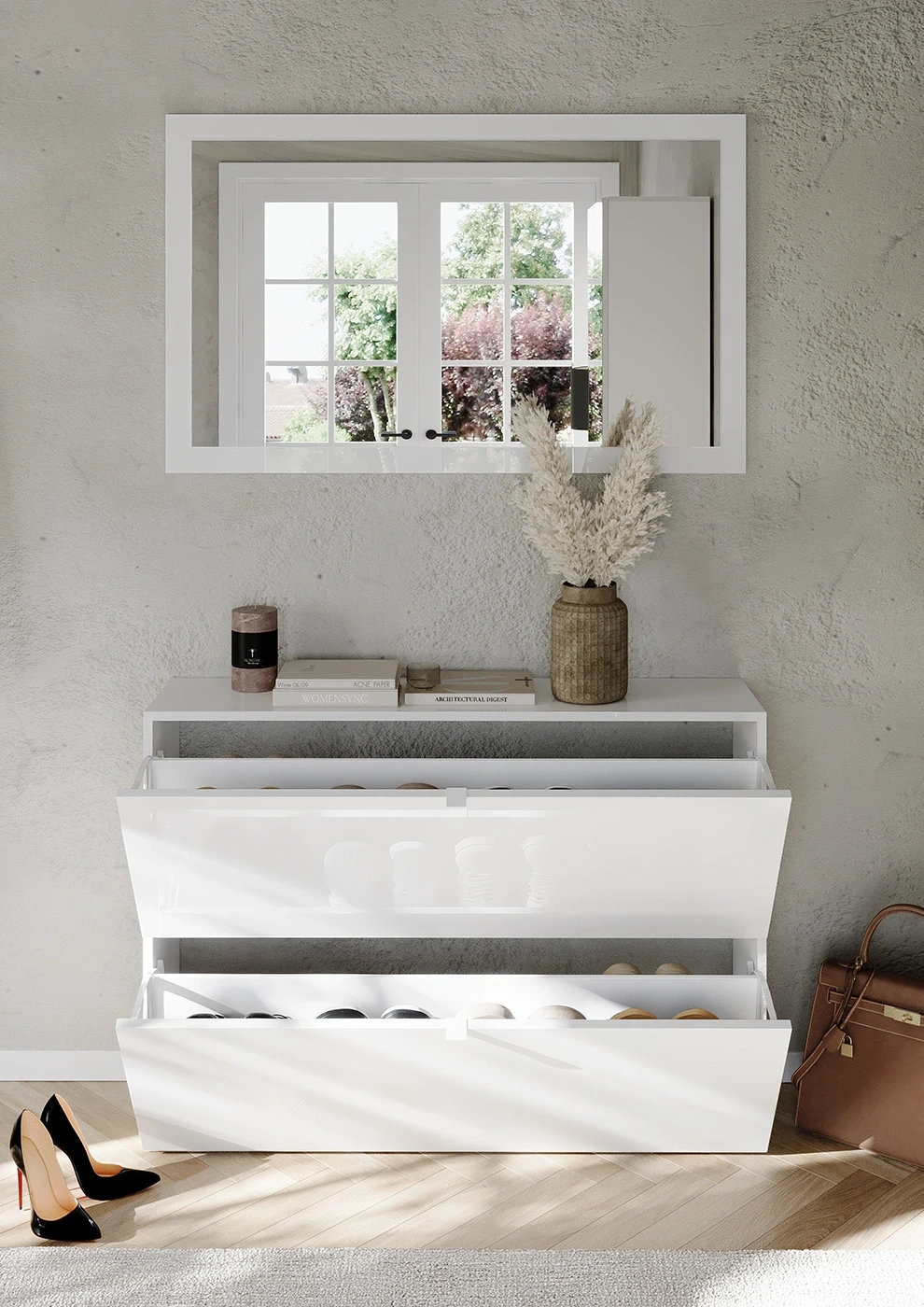 Scarpiera sospesa 2 ribalte, 110x75x25 h cm, Bianco lucido 