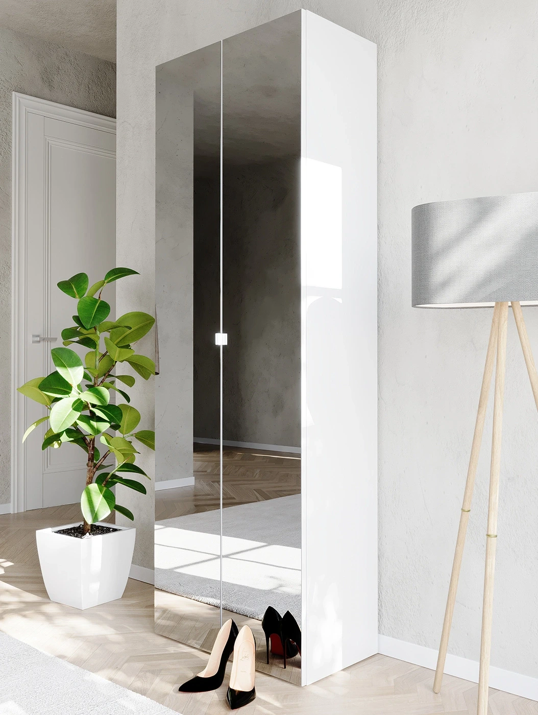 Scarpiera con 2 ante a specchio, 63x186x35 h cm, Bianco lucido