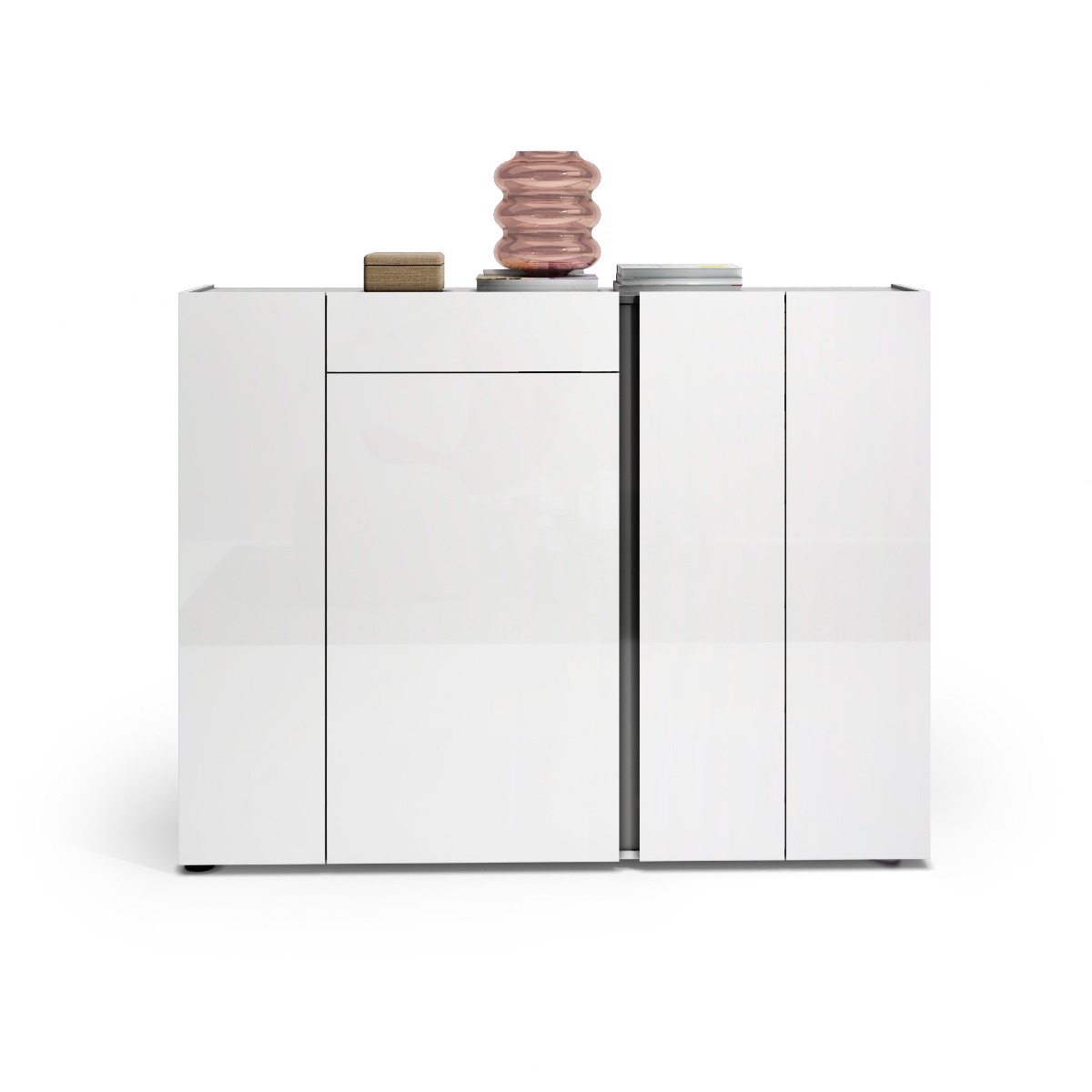 Scarpiera moderna bianca lucida, 4 ante 1 cassetto, prof. 34 cm.