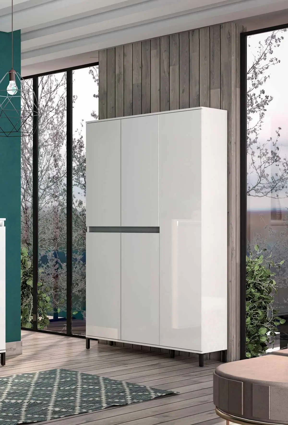 Scarpiera alta Bianco lucido e Ardesia a 5 ante e 20 ripiani, Made in Italy