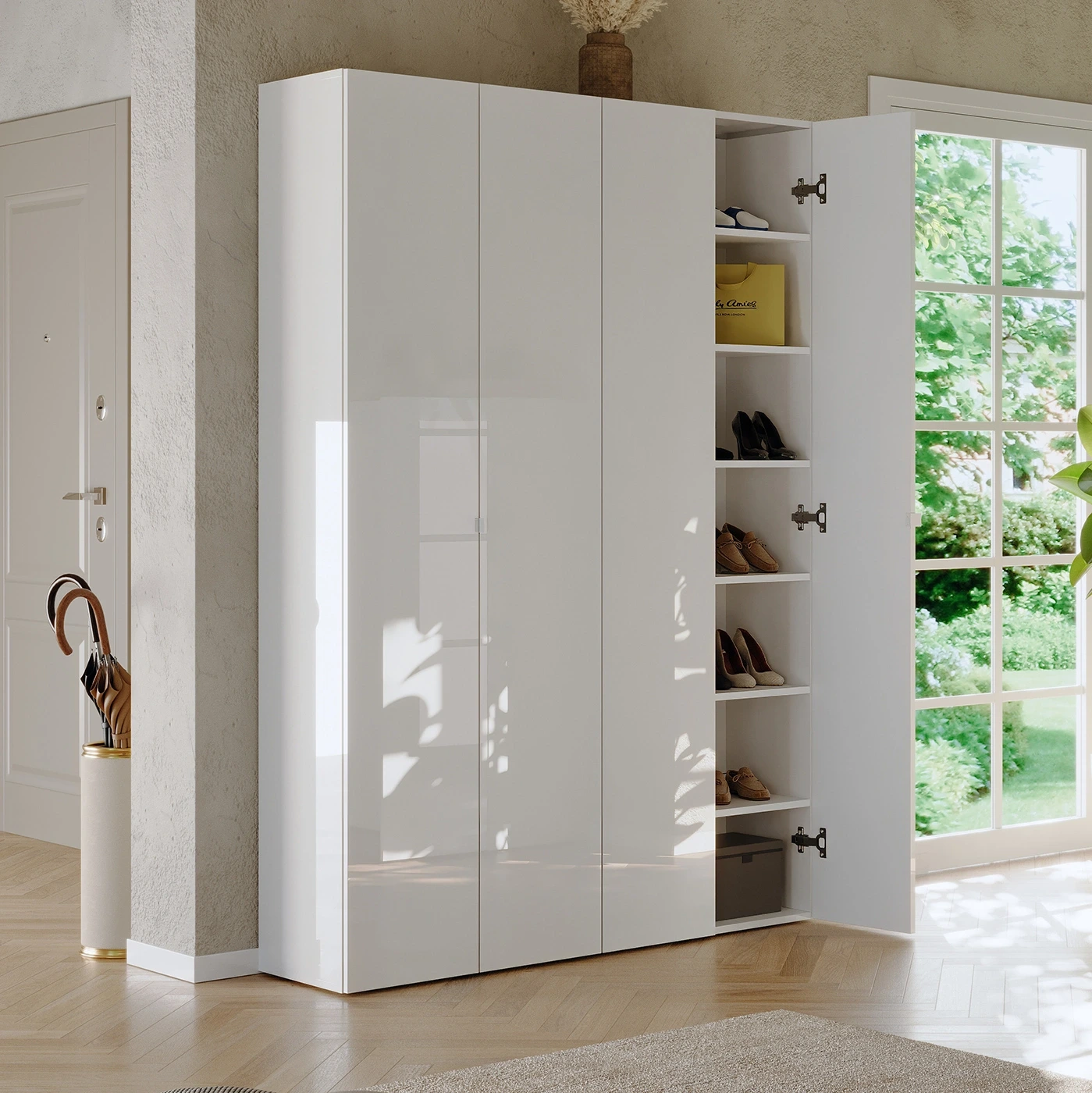 Scarpiera alta 4 ante, 126x186x35 h cm, Bianco lucido