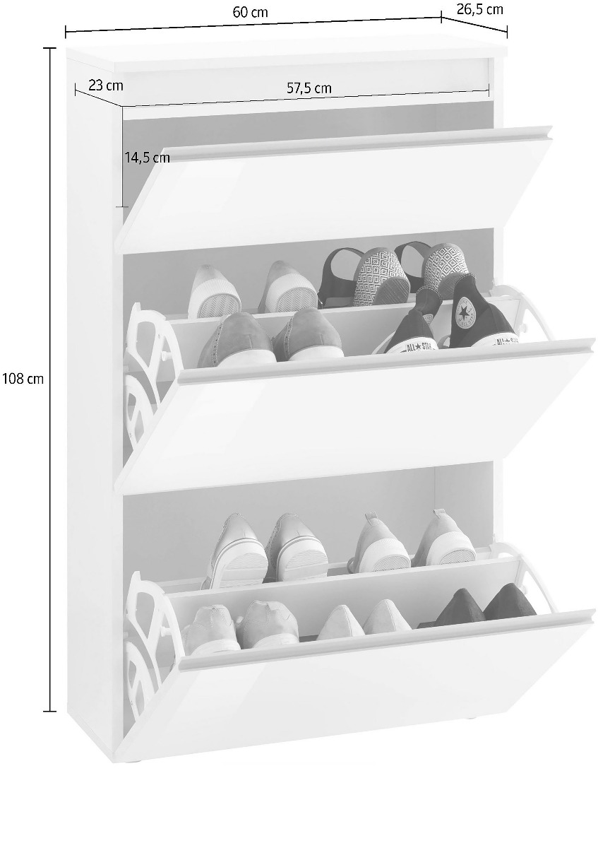 Scarpiera 3 ribalte doppia profondità in finitura Bianco laccato lucido