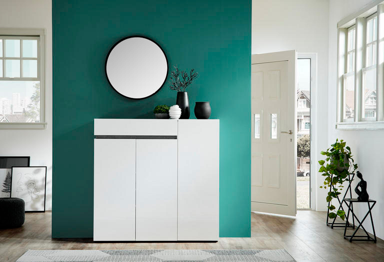 Scarpiera laccata bianco lucido con 3 ante e 1 cassetto