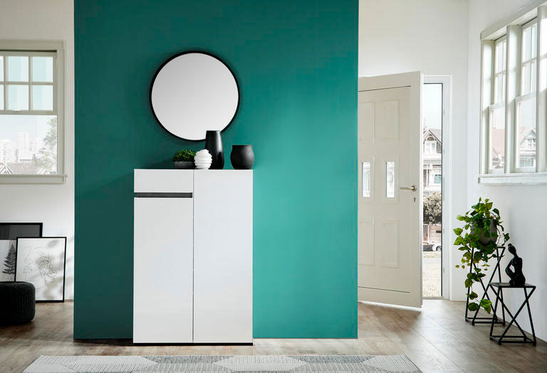 Scarpiera da ingresso, 2 ante 1 cassetto, Bianco lucido, pronta consegna