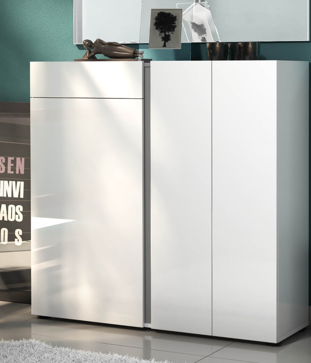 Scarpiera moderna bianca lucida, 3 ante 1 cassetto, prof. 34 cm.