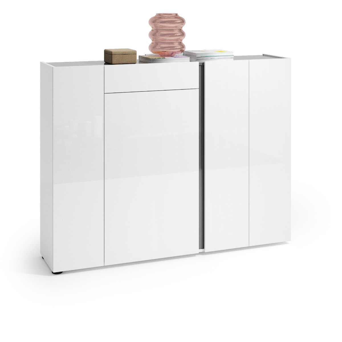 Scarpiera moderna bianca lucida, 4 ante 1 cassetto, prof. 34 cm.