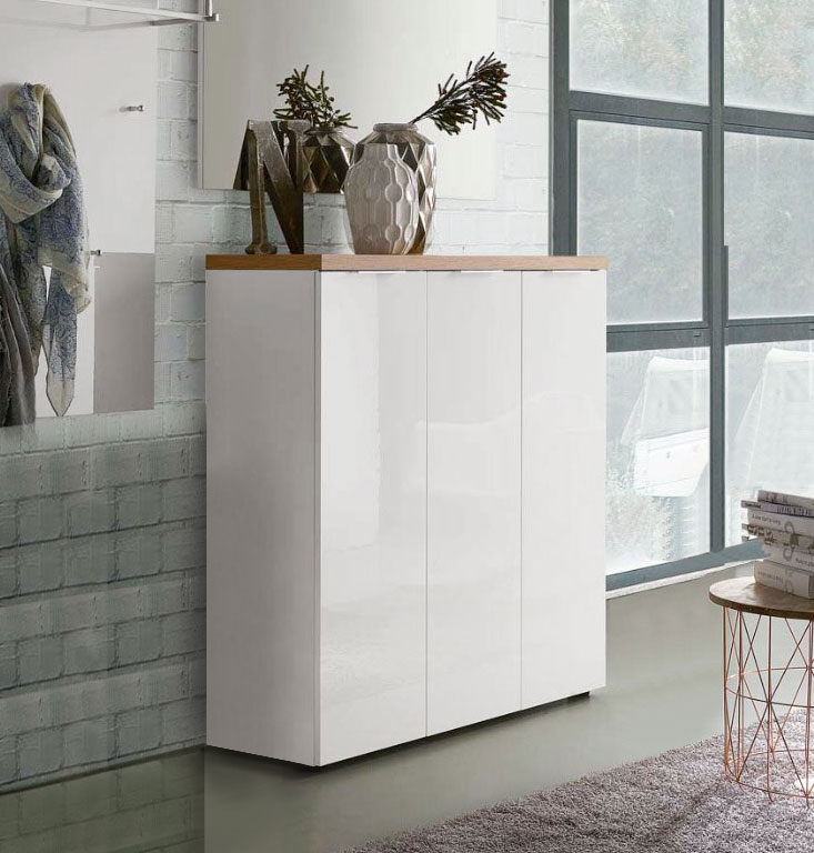 Scarpiera 3 ante, Bianco laccato lucido e Castagno, pronta consegna