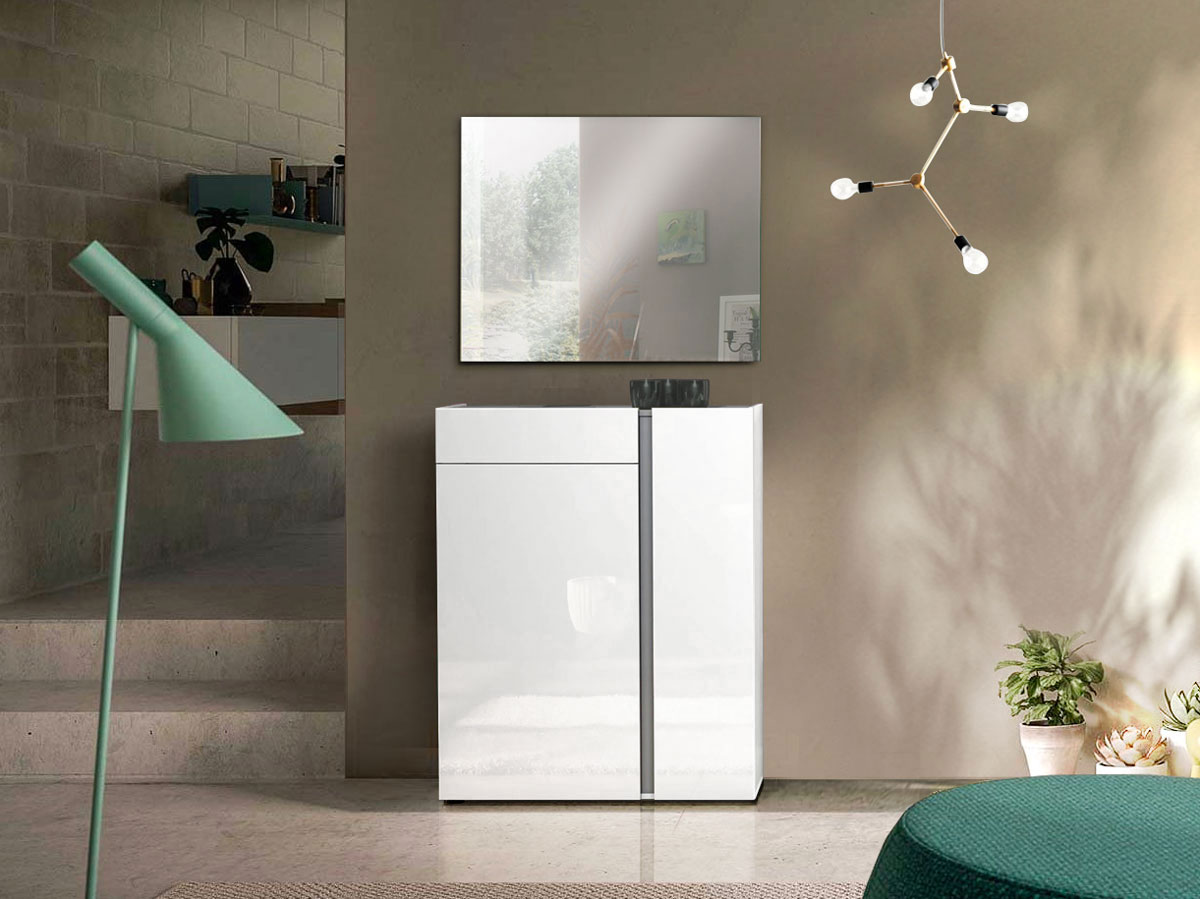 Scarpiera moderna bianca lucida, 2 ante 1 cassetto, prof. 34 cm.