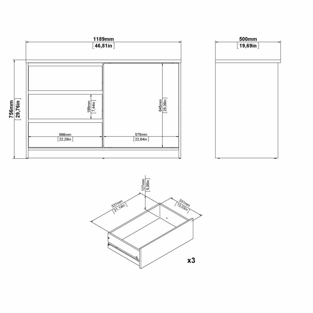 Scarpiera con un anta scorrevole e tre cassetti colore Rovere Zenzero Shop
