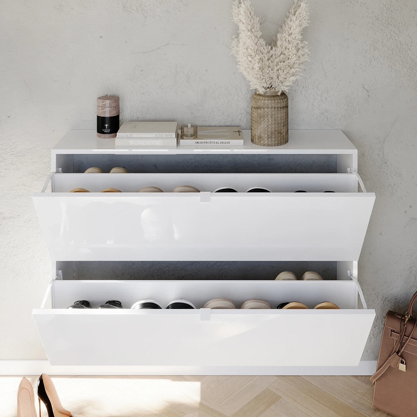 Scarpiera sospesa 2 ribalte, 110x75x25 h cm, Bianco lucido 