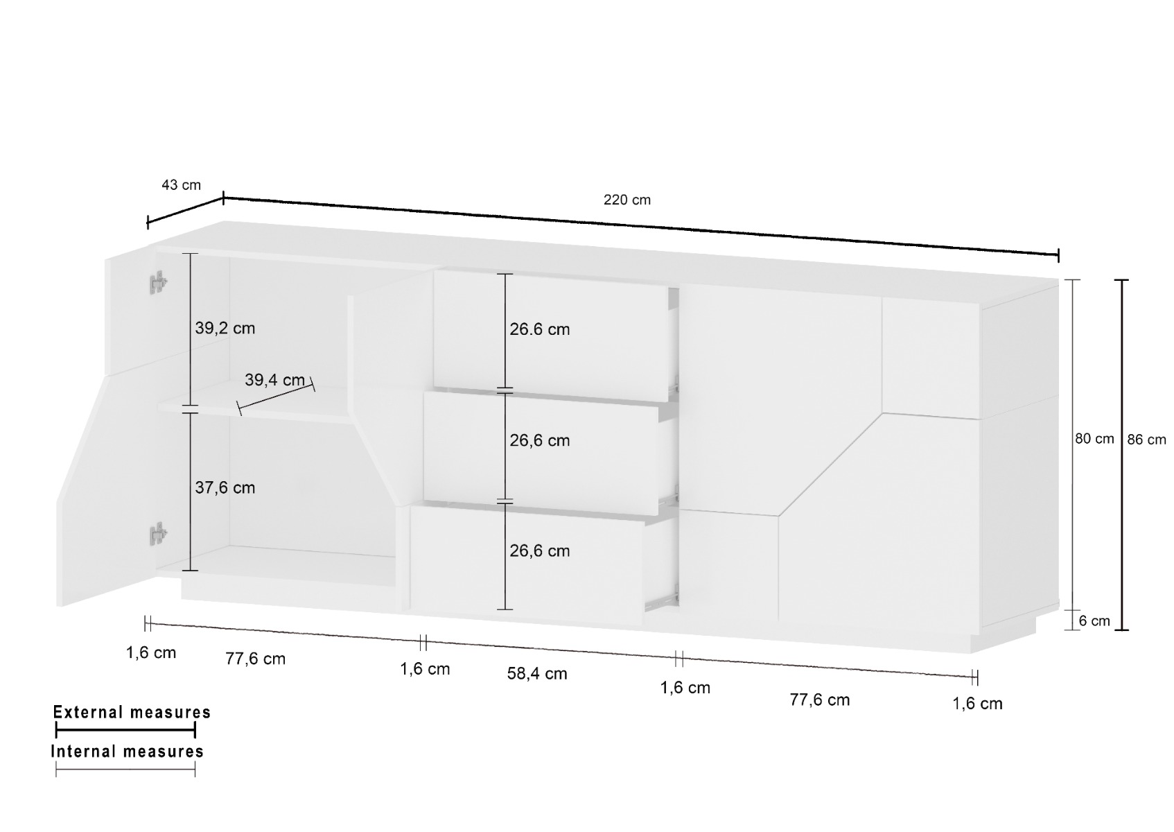 Credenza geometrica 4 ante e 3 cassetti, colore Bianco lucido e Pero 