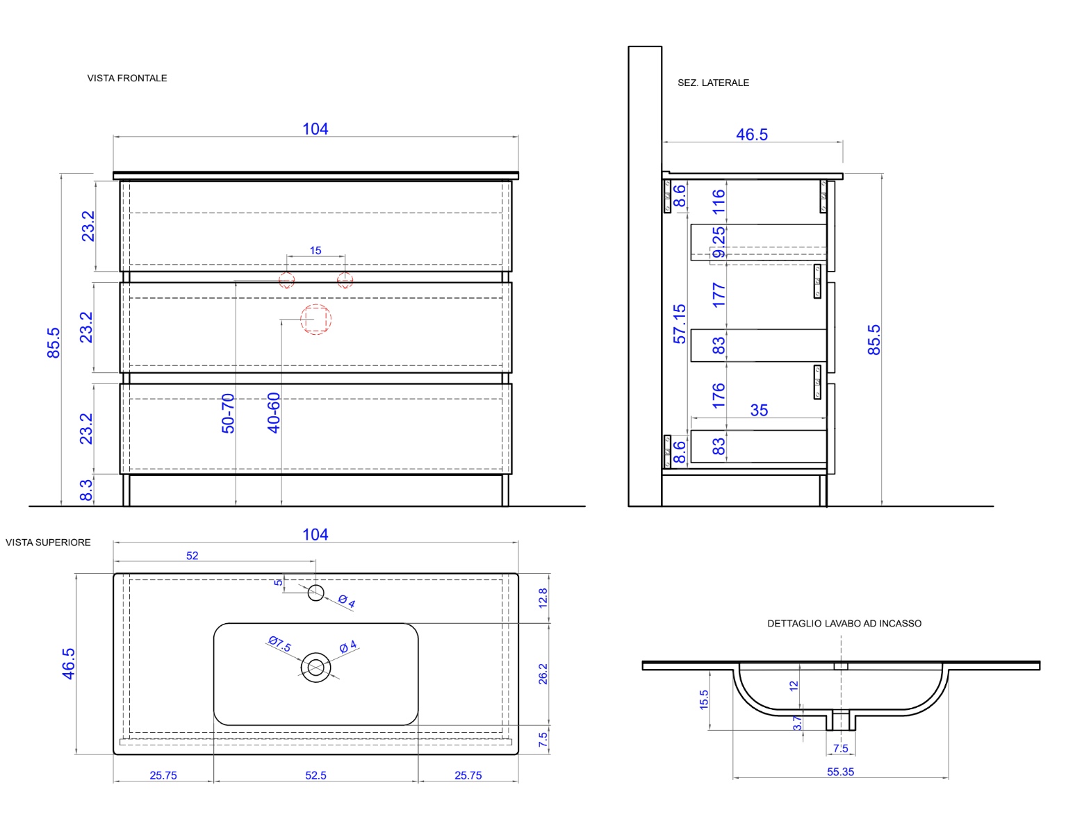 mobile con cassetti per bagno bianco