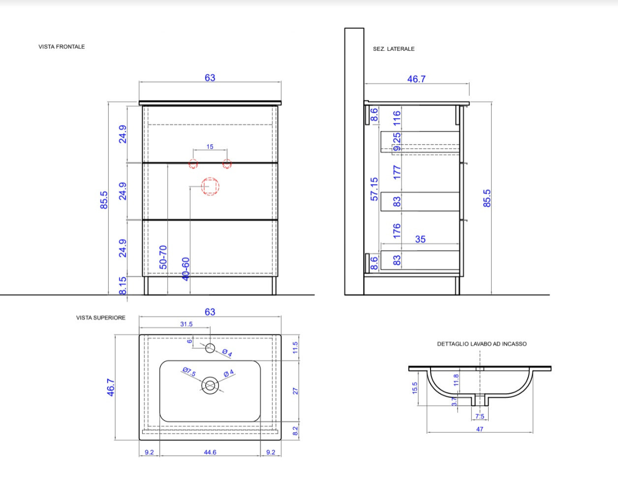 Mobiletto da bagno bianco lucido 63 cm