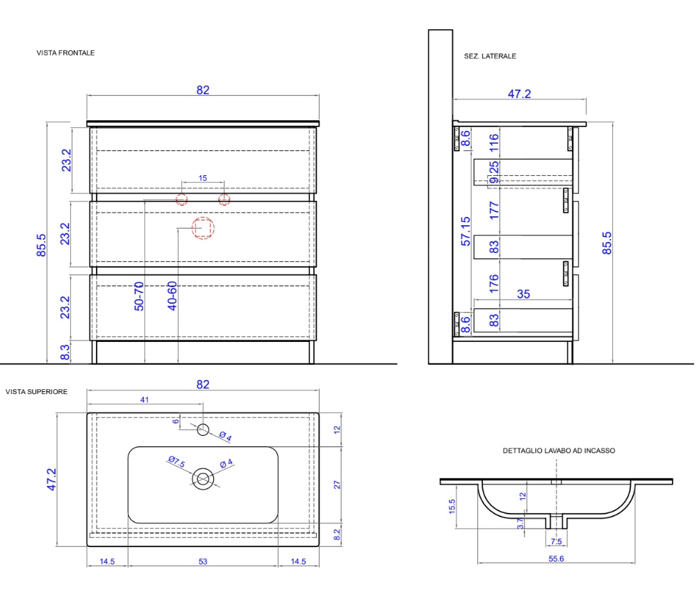 Mobile da bagno con 3 cassetti, L.82 cm, bianco lucido 