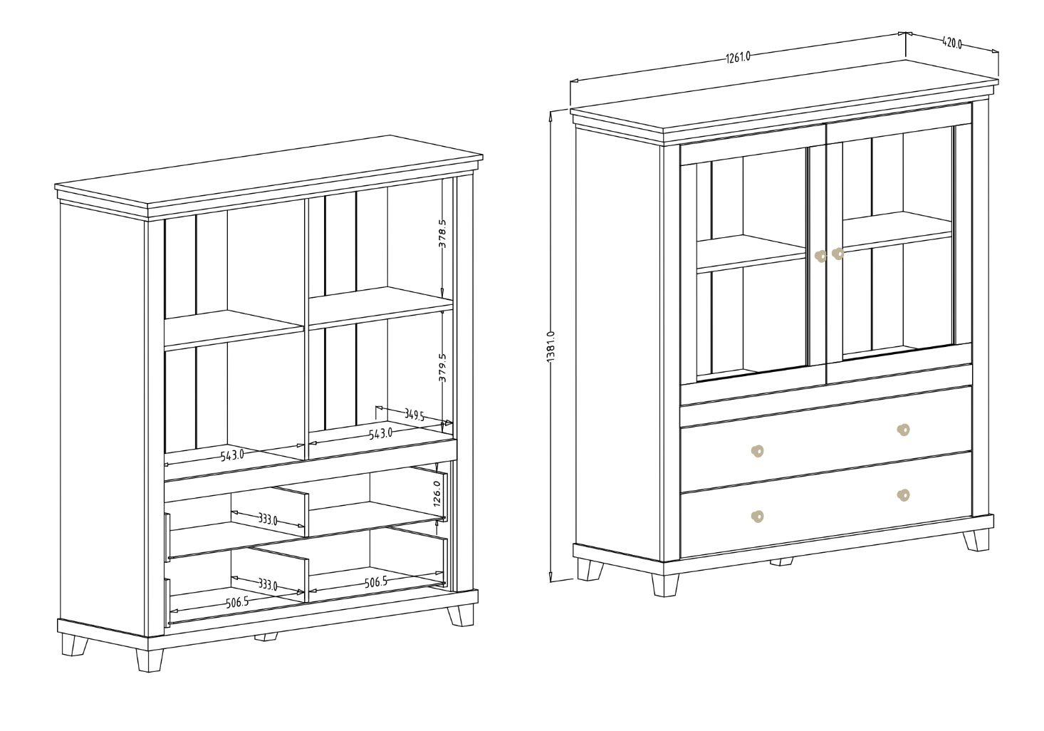 Elegante vetrina bassa, finitura bianco frassinato e rovere