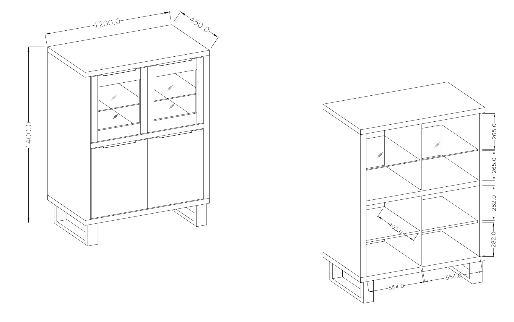 Vetrina bassa 4 ante e 6 ripiani, finitura quercia e metallo nero 