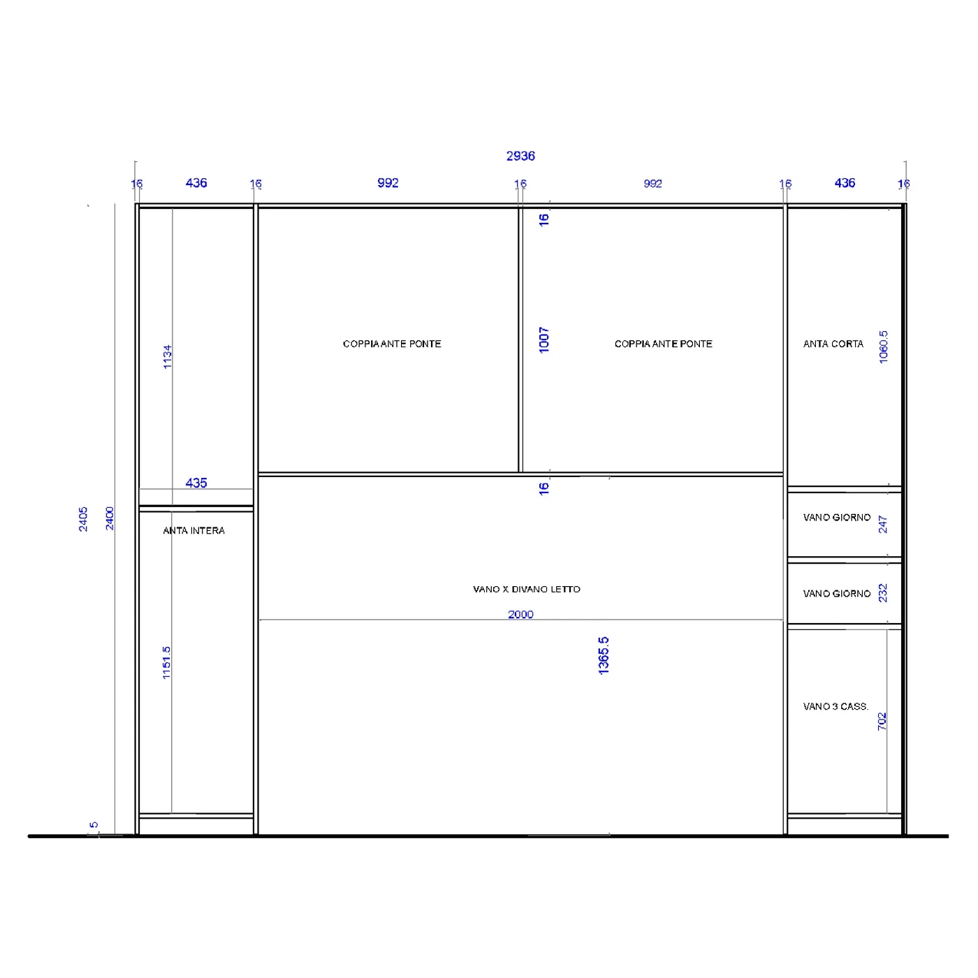 Armadio a ponte, Bianco laccato opaco e Blu navy, L.294 H.240