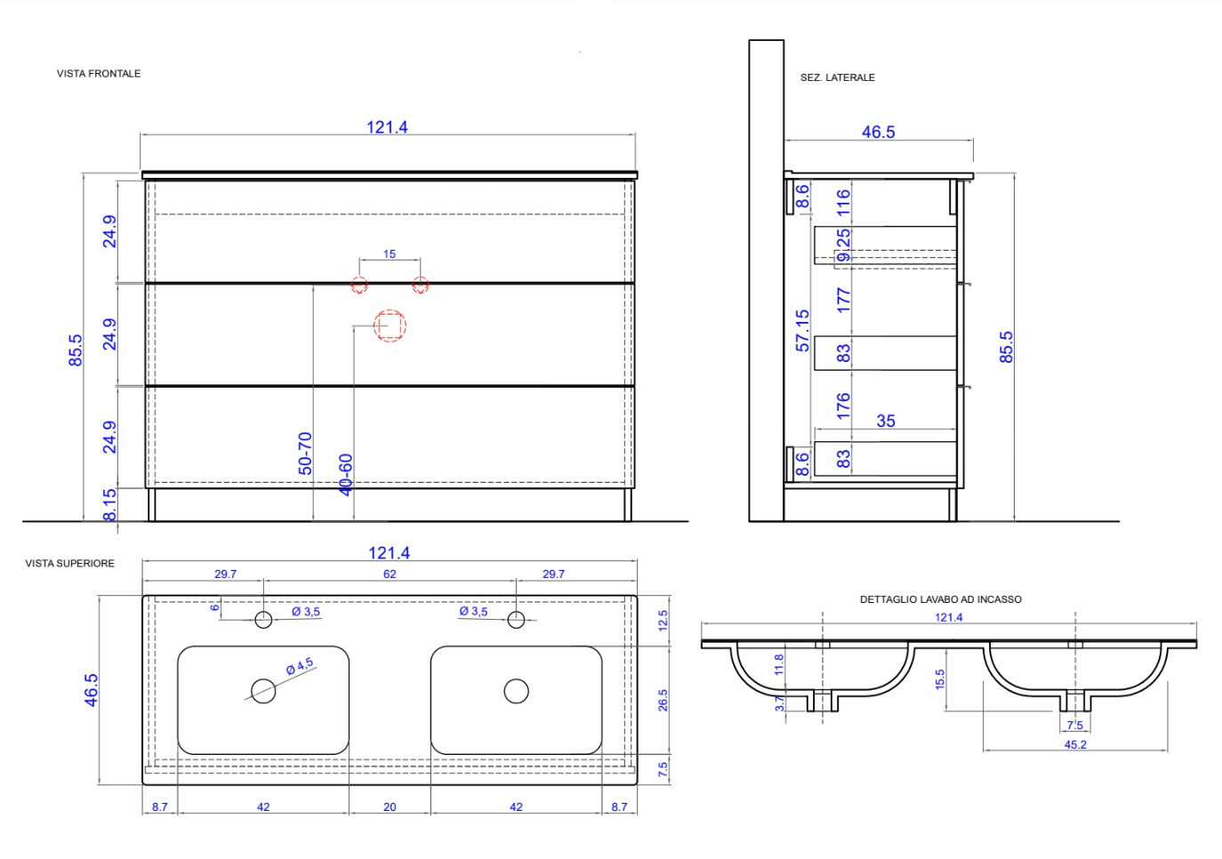 Mobile bagno a terra, 3 cassetti con doppio lavabo, bianco con inserti specchio