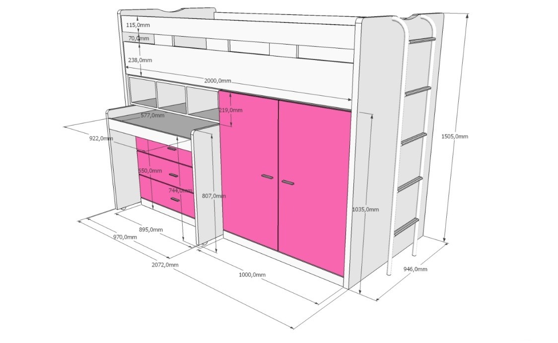Letto multifunzionale con armadio e scrivania, disponibile in diverse finiture