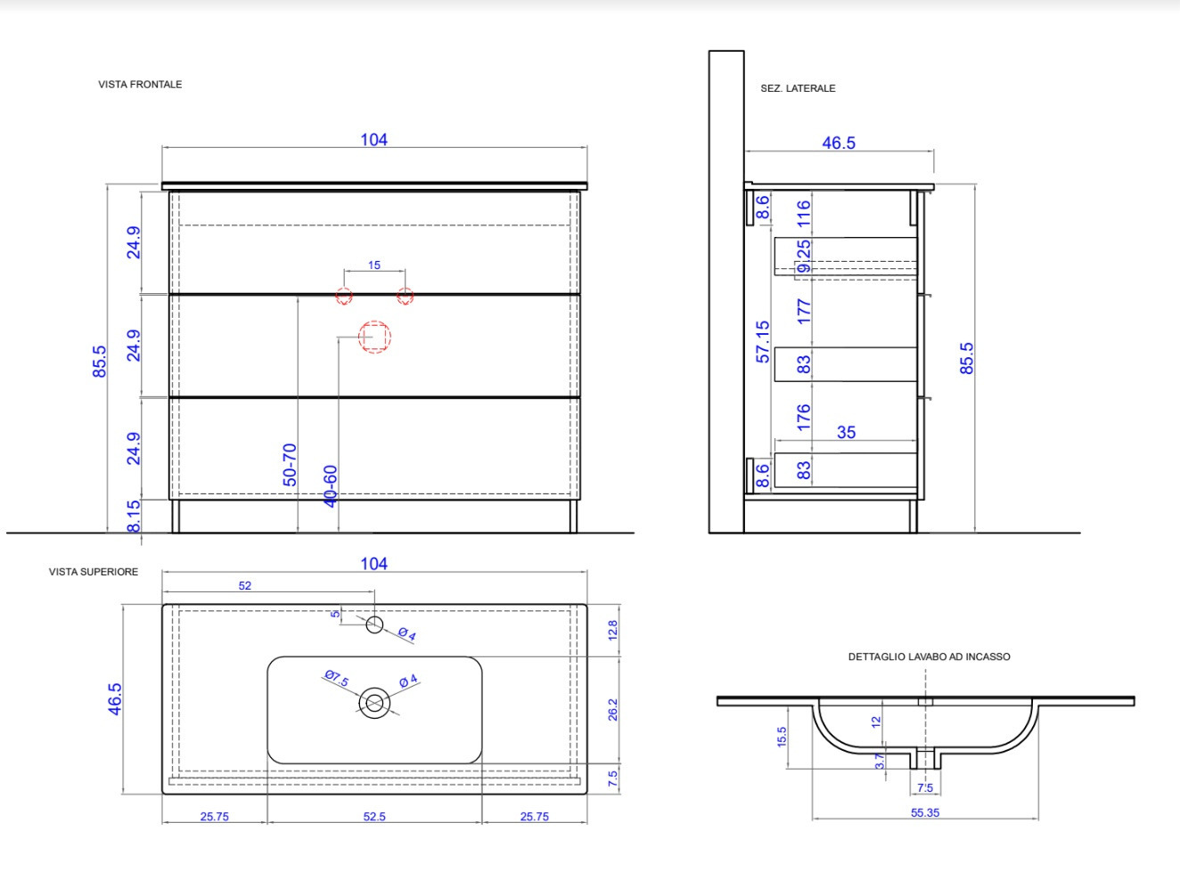 Mobile da bagno 3 cassetti, finitura Bianco lucido Made in Italy