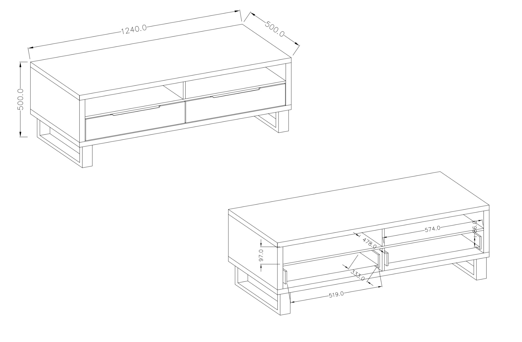 Porta TV salvaspazio, finitura quercia e metallo nero 