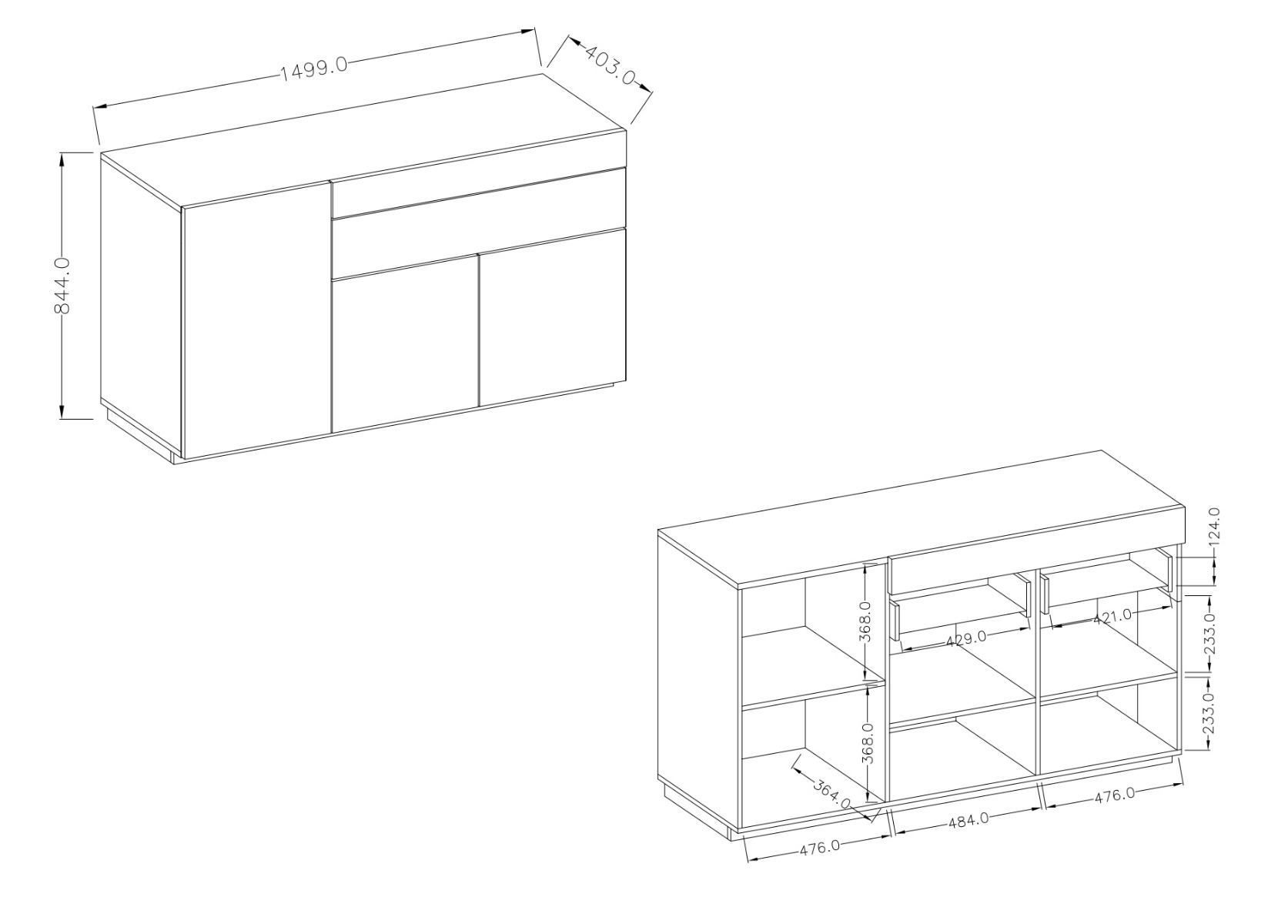 Mobile a 3 ante e 1 cassetto, grigio cemento e bianco lucido 