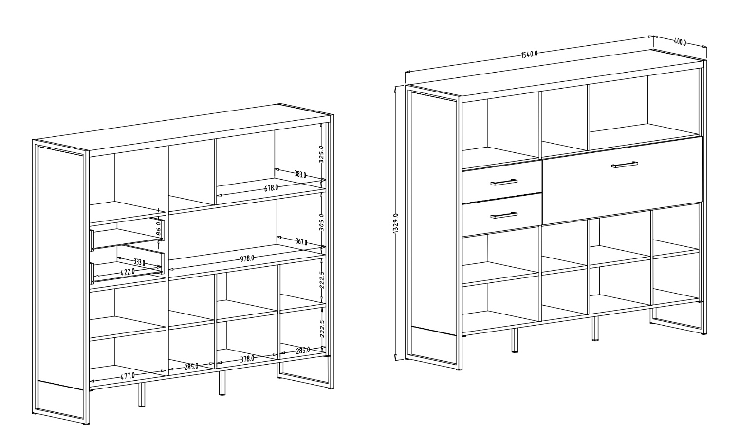 Libreria composta da 2 cassetti 1 ribalta, finitura legno invecchiato metallo nero